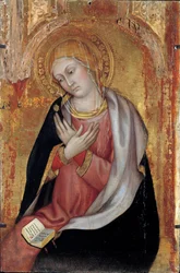 Jomfruen af Bebudelsesaltertavlen af Taddeo di Bartolo (begyndelsen af det 15. århundrede). Svag. 0,77x0,55 m. Avignon, Musee du Petro Palais