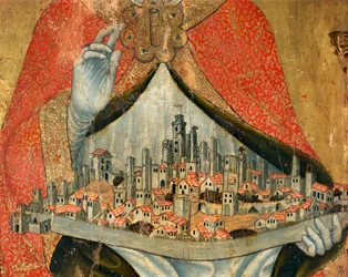 Udsigt over byen San Gimignano, med huse og monumenter, detaljer (maleri