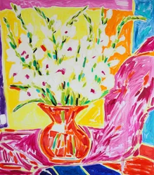 Vase med farvestrålende gladioler