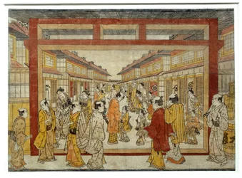 Perspektiv udsigt over Nakano-Cho. Japansk tryk af Masanobu Tanaka, aktiv mellem 1741 og 1748, Ukiyo-E stil. Paris, Musée Guimet