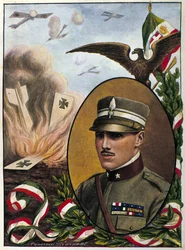 Allegori om major Francesco Baracca (1888-1918) helte fra det italienske luftvåben, der døde i kamp i 1918. Tegning af Tancredi Scarpelli. Milanese.