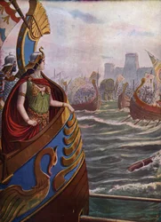 Antik romersk borgerkrig: Egyptisk dronning Cleopatra VII Thea Philopator (69-30 f.Kr.) ved slaget ved Actium i Ambracic-bugten den 2. september 31 f.Kr. mod Octave of Actiums flåde,