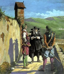 Don Abbondio møder krigerne - illustration til "De elskende" af Alessandro Manzoni, udg. Nerbini, Firenze