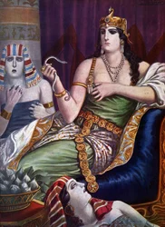 Egyptisk oldtid: „Kleopatras død“. Egyptens dronning Kleopatra VII Thea Philopator (69-30 f.Kr.) begår selvmord ved at blive bidt af to aspslanger. Illustration af Tancredi Scarpelli (1866-1937) fra „Storia d