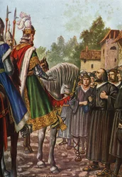 Kejser Frederic I Barberossa (1122-1190) passerer på sin anden rejse til Italien i 1158 floden Adda og møder folket i Lodi, som beder ham om at få deres territorium tilbage. Tancredi Scarpelli (1866-1937) fra "Storia d