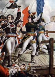 Første italienske kampagne: Napoleon Bonaparte (1769-1821) ved slaget ved Arcole-broen, november 1796” (Napoleon Bonaparte under slaget ved Arcole-broen (Arcola), november 1796) Illustration af Tancredi Scarpelli (1866-1937) fra "Storia