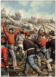 Risorgimento: fremstilling af Giuseppe Garibaldi (1807-1882) under et slag - omslag til "Garibaldi, Cronistoria illustrata dell