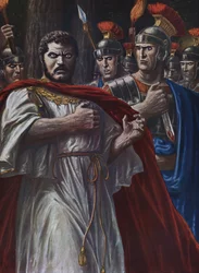 Romersk oldtid: "" den romerske kejser Caracallas død, myrdet nær Harran den 8. april 217 med et sværd af Martialis, en af officererne fra hans tætte vagt"" (attentatet på Caracalla, romersk kejser, af Julius Martialis, 217) Illustra
