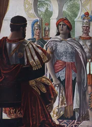 Romersk antikvitet: Imperatoren af Palmyra Septimia Bathzabbai Zenobie taget til fange af den romerske kejser Aurelien, 272”” (Dronningen af det palmyrenske imperium Zenobia, fange af den romerske kejser Aurelian, 272 e.Kr.) Illustration af Tancredi Scarpe