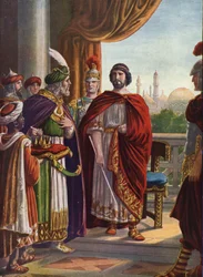 Romersk oldtid: Kejser Julian den Frafaldne (Filosofen Julian eller Julian II) sejrede af den persiske Kong Shapur II i 363 e.Kr."" (Romersk kejser Julian den Frafaldne (Filosoffen Julian) og konge af Persien Shapur II, 363 e.Kr.) Illustration af Tancre