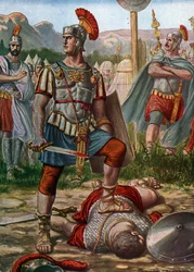 Romersk oldtid: repræsentation af konsul Titus Manlius Imperiosus Torquatus, der besejrede en galliker i 361 f.Kr. - (Titus Manlius Torquatus kæmper mod en gallisk kriger, der udfordrede den romerske hær og dræber ham, 361 f.Kr.) Illustration af Tancredi S