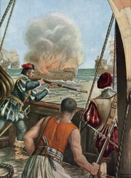 Anden ekspedition til Indien (1502-1503) "" Søslag mellem den portugisiske flåde af Vasco de Gama og flåden i Calicut, portugiserne affyrer det muslimske skib Miri angreb peleriner, der vender tilbage fra Mekka, 3/10/1502"" (anden rejse af Vasco de Gama (1