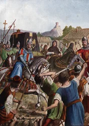Begravelsen af kejser Otton (Othon) III af Det Hellige Rige (980-1002) fører resterne gennem Italien mod Aachen, der kæmper i sin passage mod oprørte befolkninger (kisten til Otto III, den hellige romerske kejser, der passerer gennem skarer i Italien