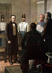 Læsningen af domsbrevet, der dømmer Silvio Pellico (1789 - 1854) og Piero Maroncelli (1795 - 1846) til fængsling i fæstningen Spielberg i Brno for deres tilhørsforhold til Carbonari-bevægelsen (Charbonnerie eller carboneria)