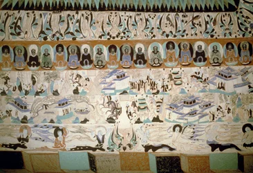 Buddha og scener fra hverdagen, freskomaleri tilbage til Tang-dynastiet, Kina, 7.-10. århundrede