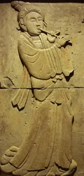 Terracotta stele med musiker, Tang-dynastiet (618-907), opdaget i Shaanxi-provinsen, Steles Forest Museum i Xian. Fotografi, Leonard de Selva, Kina, 2006.