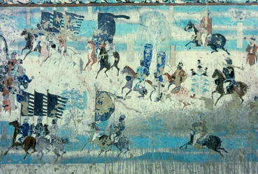 Zhang Yichao, guvernør i det vestlige Gansu på udflugt for at bekæmpe tibetanerne, Tang-dynastiet, 850-907 (vægmaleri)