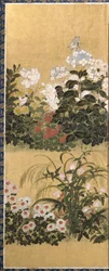 Blomster og sommerfugle (blæk, farve og bladguld på papir)