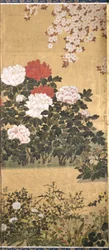 Blomster og sommerfugle (blæk, farve og bladguld på papir)