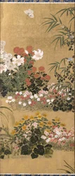 Blomster og sommerfugle (blæk, farve og bladguld på papir)
