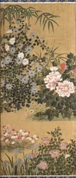 Blomster og sommerfugle (blæk, farve og bladguld på papir)