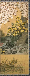 Blomster og sommerfugle (blæk, farve og bladguld på papir)