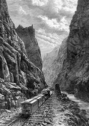 Et tog, der passerer gennem Rocky Mountains, USA, 1800-tallet.