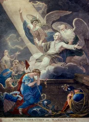 Farvet gravure af George Washingtons ære løftet til himlen af Time and Immortality, graveret i Philadelphia, ca. 1799 (gravure) (foto)