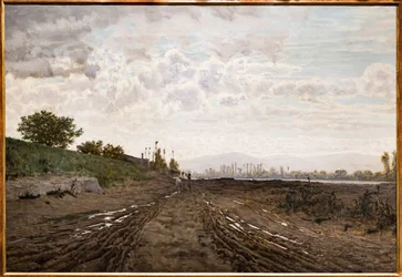 En morgen langs floden Arno. Sandgravere langs Arno, ca. 1868 (olie på lærred)