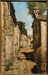Gårdsbygning i Settignano, ca. 1862 (olie på lærred påført på et panel)