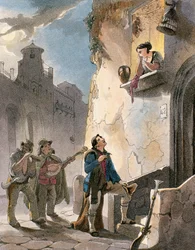 Serenade, illustration fra kostumer og populære scener i Napoli af Achille Vianelli, ca. 1830 (akvatint)