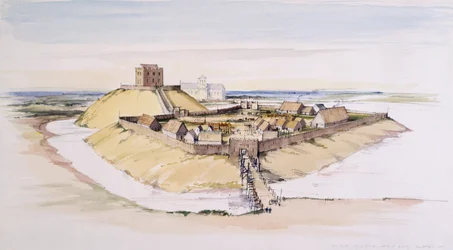 York Castle, som det kunne have set ud kort efter byggeriet, med Minster efter, 1985
