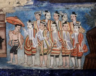 En gruppe thailandske yai (Shan) mænd, detaljer af vægmalerierne af Viharn laikam, der portrætterer Sang Thong Tales (vægmaleri)