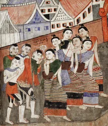 Elskere, der ryger, detaljer fra et vægmaleri ved Wat Phumin (vægmaleri)
