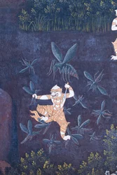Vægmaleri, der viser scener fra Ramayana ved Wat Phra Kaeo, Royal Grand Palace, Bangkok, Thailand