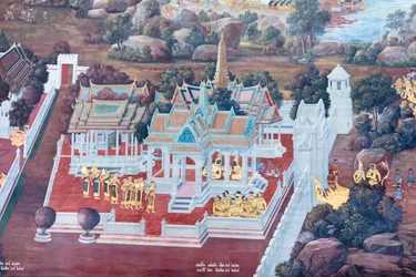 Vægmaleri, der viser scener fra Ramayana ved Wat Phra Kaeo, Royal Grand Palace, Bangkok, Thailand