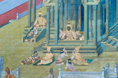 Vægmaleri, der viser scener fra Ramayana ved Wat Phra Kaeo, Royal Grand Palace, Bangkok, Thailand