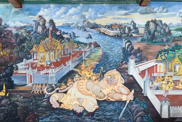 Vægmaleri, der viser scener fra Ramayana ved Wat Phra Kaeo, Royal Grand Palace, Bangkok, Thailand