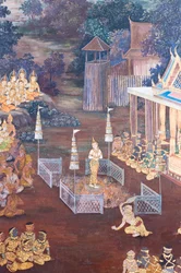 Vægmaleri, der viser scener fra Ramayana ved Wat Phra Kaeo, Royal Grand Palace, Bangkok, Thailand