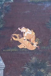 Vægmaleri, der viser scener fra Ramayana ved Wat Phra Kaeo, Royal Grand Palace, Bangkok, Thailand