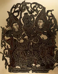 Scene fra Nang Yai skyggedukketeater, der repræsenterer Dasakantha og hans koner, udskåret læderpanel, Thailand, Thai Civilization