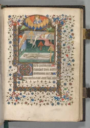 Timebog Brug af Paris: Fol. 118r, engel og djævel kæmper om en sjæl, ca. 1420.