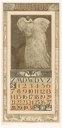 Kalenderblad for august med hvid påfugl; Kalender 1910, 12 litografier af Th. v. Hoytema (serietitel)