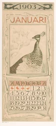 Kalenderblad for januar med påfugl - Kalender 1903, 12 litografier af Th. v. Hoytema (serietitel)