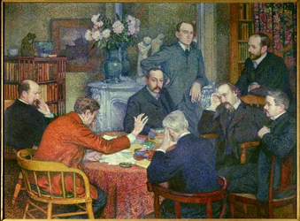 La Lecture (1903), iscenesat omkring Emile Verhaeren (1855-1916), belgisk socialistisk digter, maler Cross, forfattere Maurice Maeterlinck, Andre Gide og Francis Viele-Griffin, biolog Henri Gheon, læge Felix Le Dantec og Felix Feneon, der ryger en cigaret 