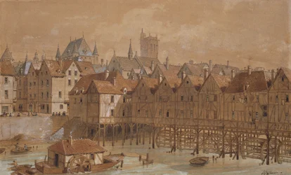 The Grand Chatelet og Pont aux Meuniers (pen, blæk og wc på papir)