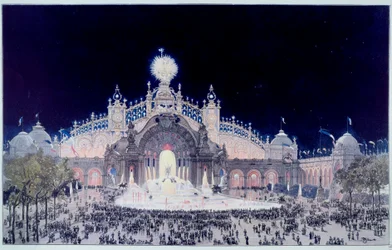 Verdensudstilling: "" Udsigt over Palace of Electricite and Water Castle i Paris i 1900"" Tryk af Theodore Joseph Hubert Hoffbauer (1839-1922) kendt som Fedor Hoffbauer. 1900 Paris, Musee Carnavalet