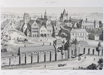 Udsigt over templet i 1450, illustration fra 