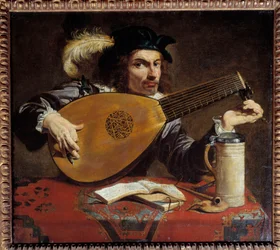 Mand, der stemmer sin lut. Maleri af Theodore Rombouts (1597 - 1637) Ec. Flam.
