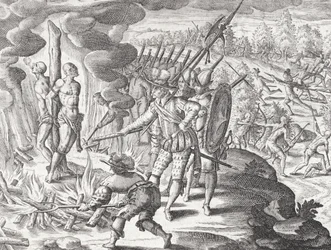 Henrettelse af to Payaguá-indianere, der blev anklaget for at have dræbt Juan de Ayolas (d.1537?), fra 